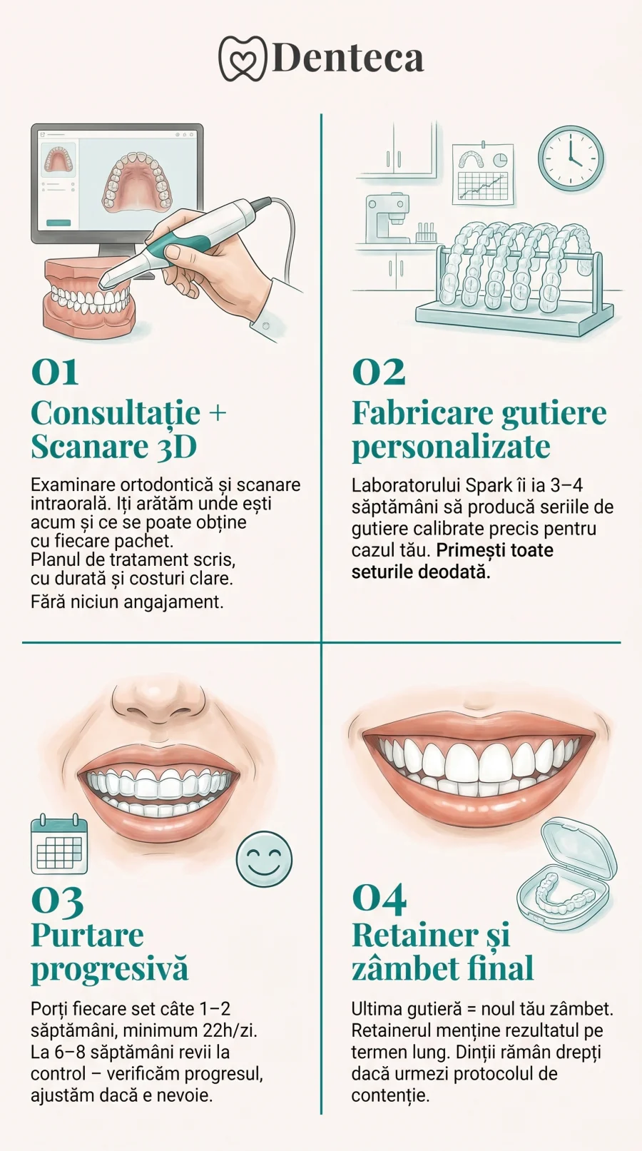 4 pași până la dinți drepți: consultație și scanare, fabricare gutiere, purtare progresivă, retainer și zâmbet final