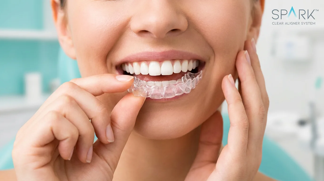 Gutiere Invizibile Spark - Denteca Smile Clinic Pacientă care introduce gutierea invizibilă Spark la cabinetul Denteca București