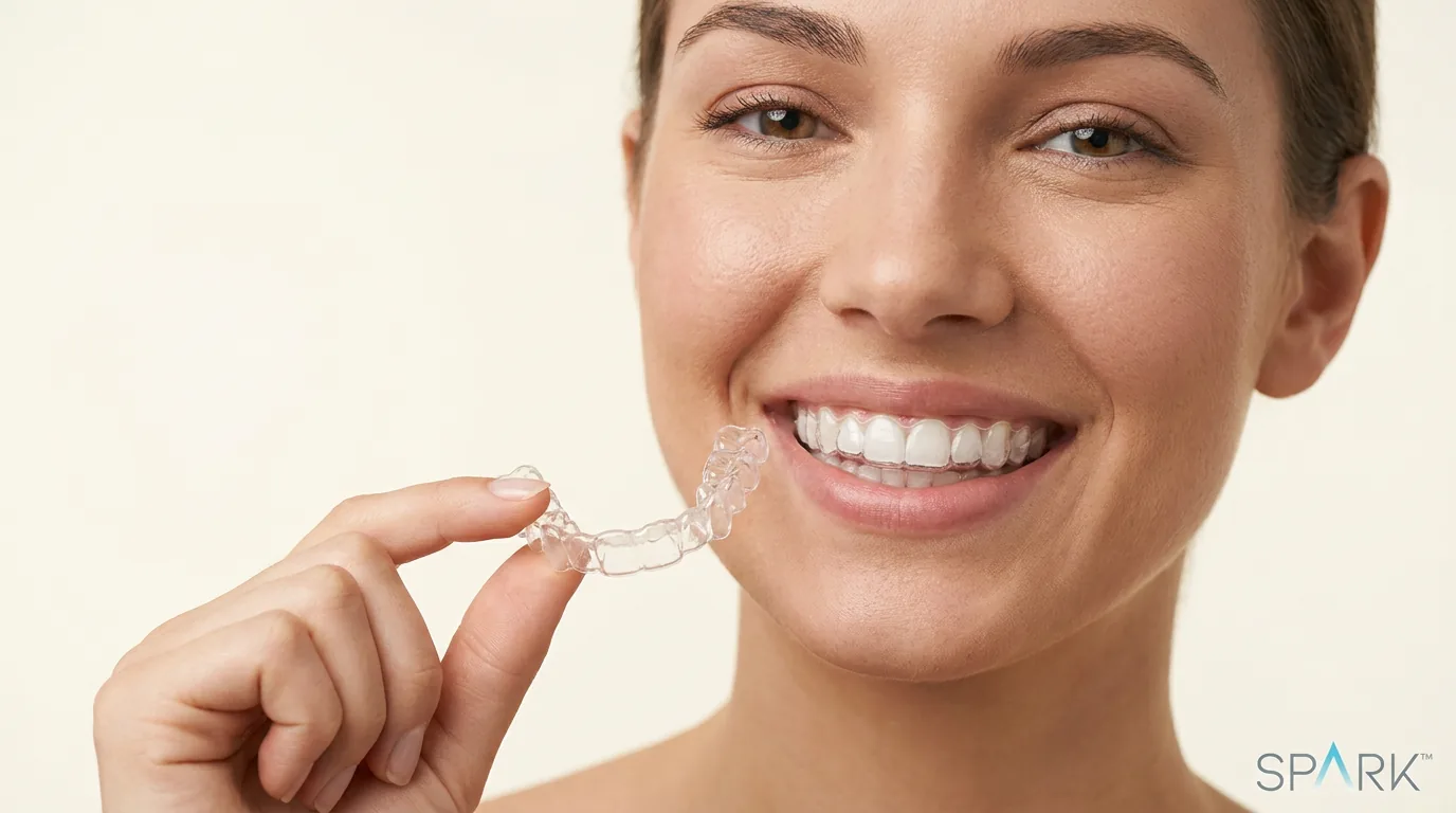 Spark Clear Aligner - Gutiere Invizibile Denteca Femeie care prezintă gutierea transparentă Spark Clear Aligner System